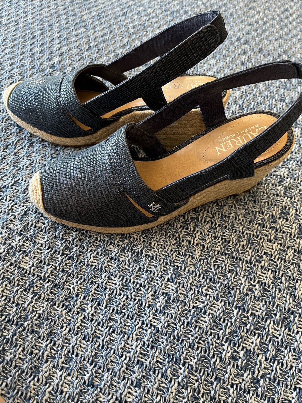 LAUREN Ralph Lauren Navy Woven Espadrille Slingback Flats with Natural Jute Toe - Picture 6 of 14
